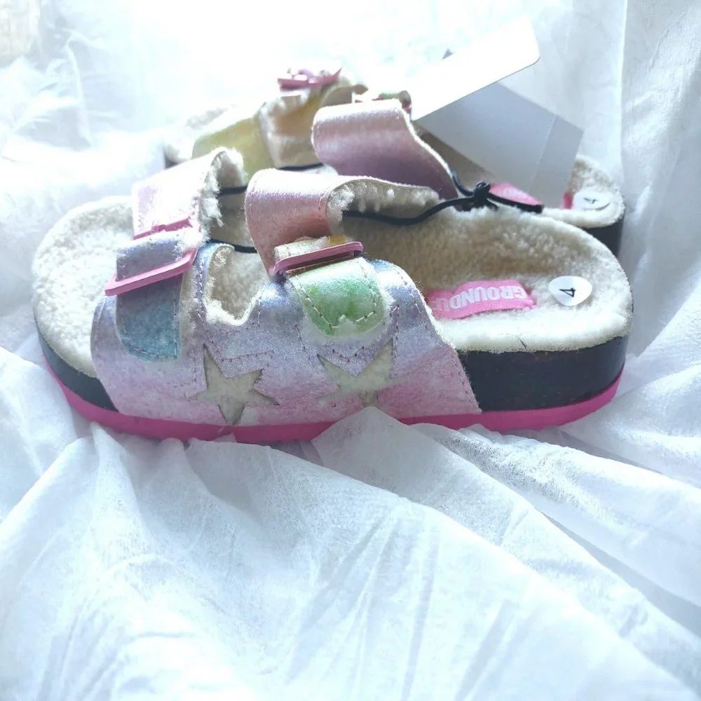 NWT Ground Up Sherpa Slipper Sandals Girls Rainbow Glitter